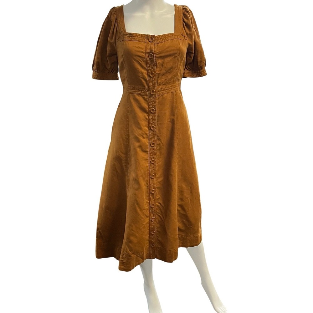 Madewell Dress Brown Rust Linen Blend Button Down Maxi 8 Puff Sleeve Earthy